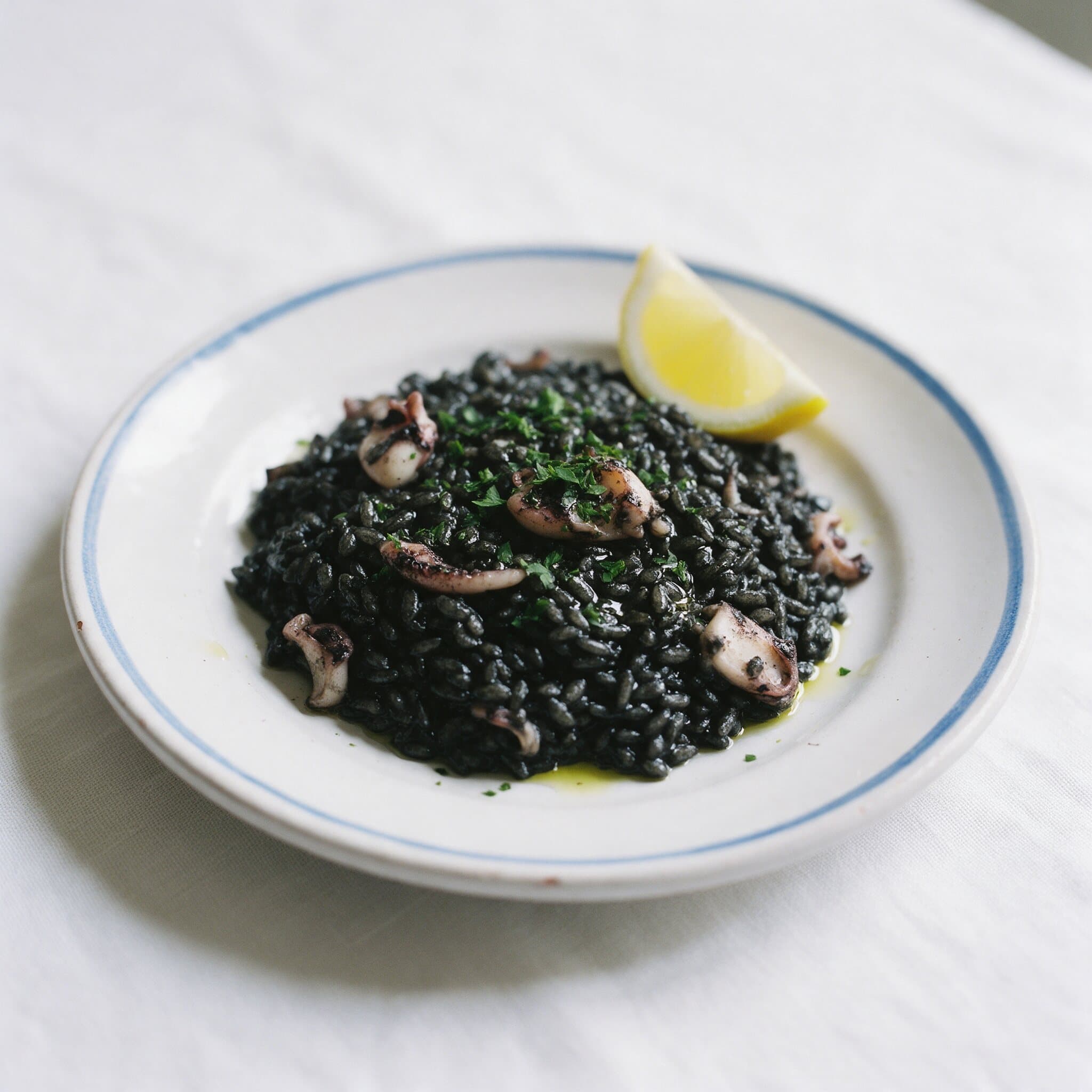 Black cuttlefish risotto on a white plate with a lemon wedge
