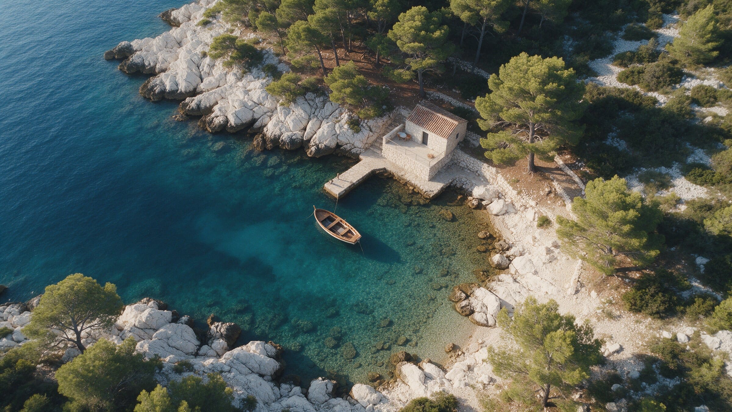 Aerial view of a quiet cove with clear turquoise water, pine trees and a small stone pier