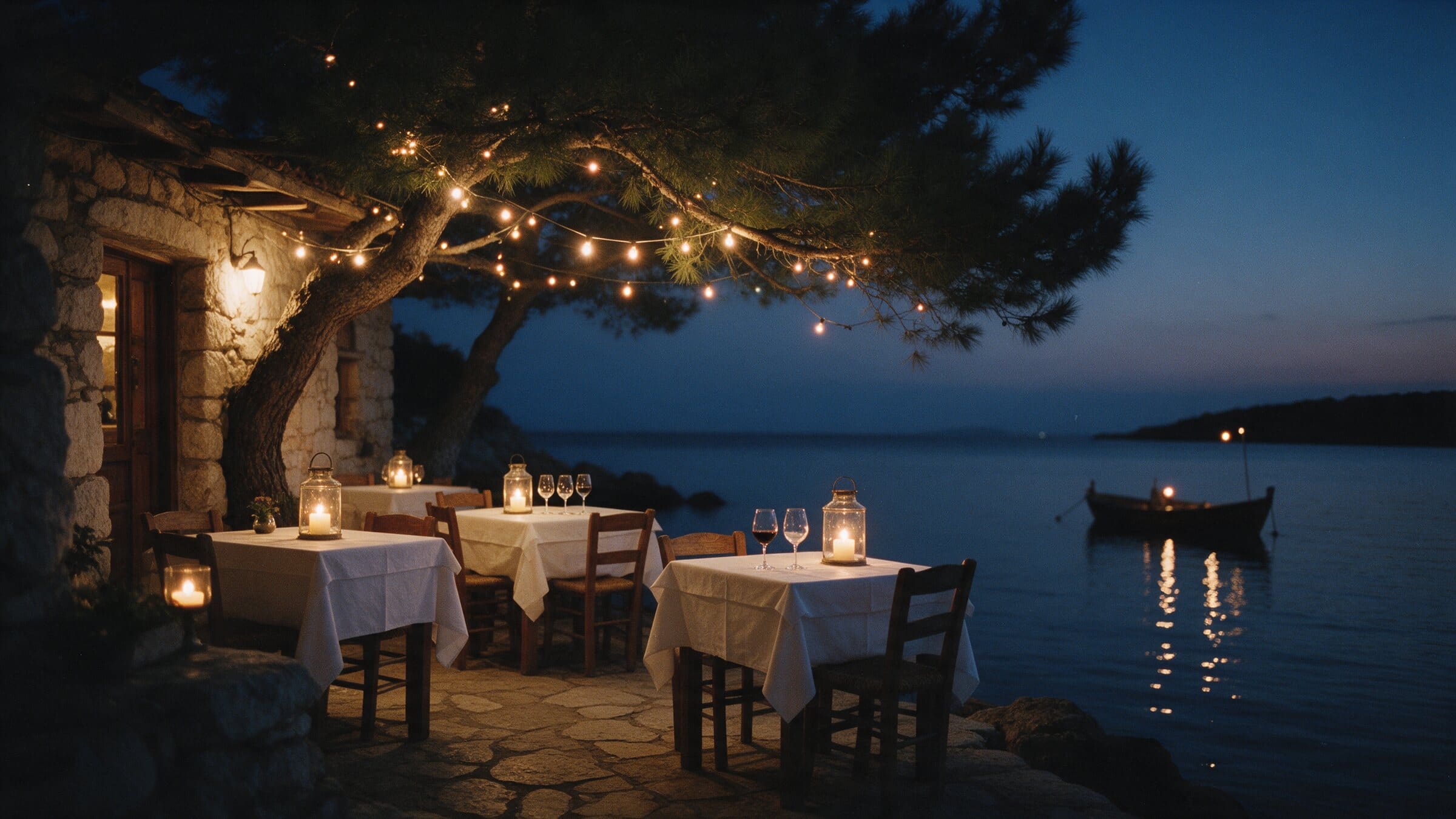 The terrace at blue hour, candles and string lights reflected in the calm sea