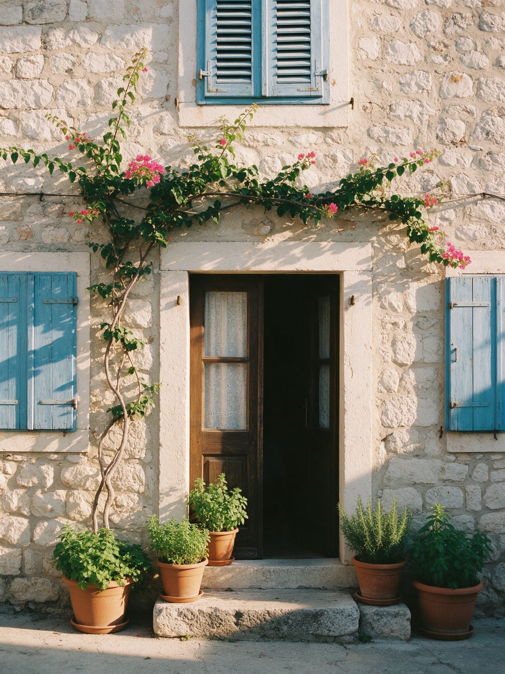 Stone house with sea-blue shutters, bougainvillea and herbs in terracotta pots