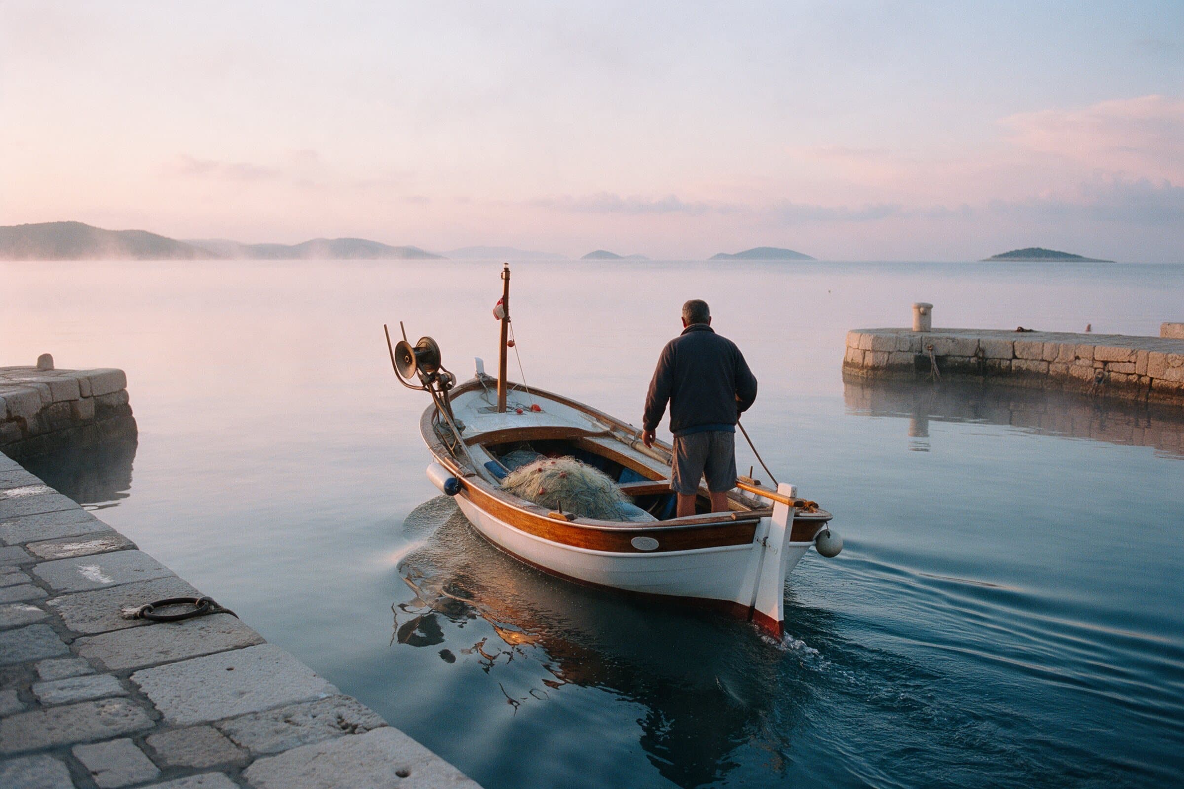 A fisherman bringing a wooden boat into the harbour at dawn