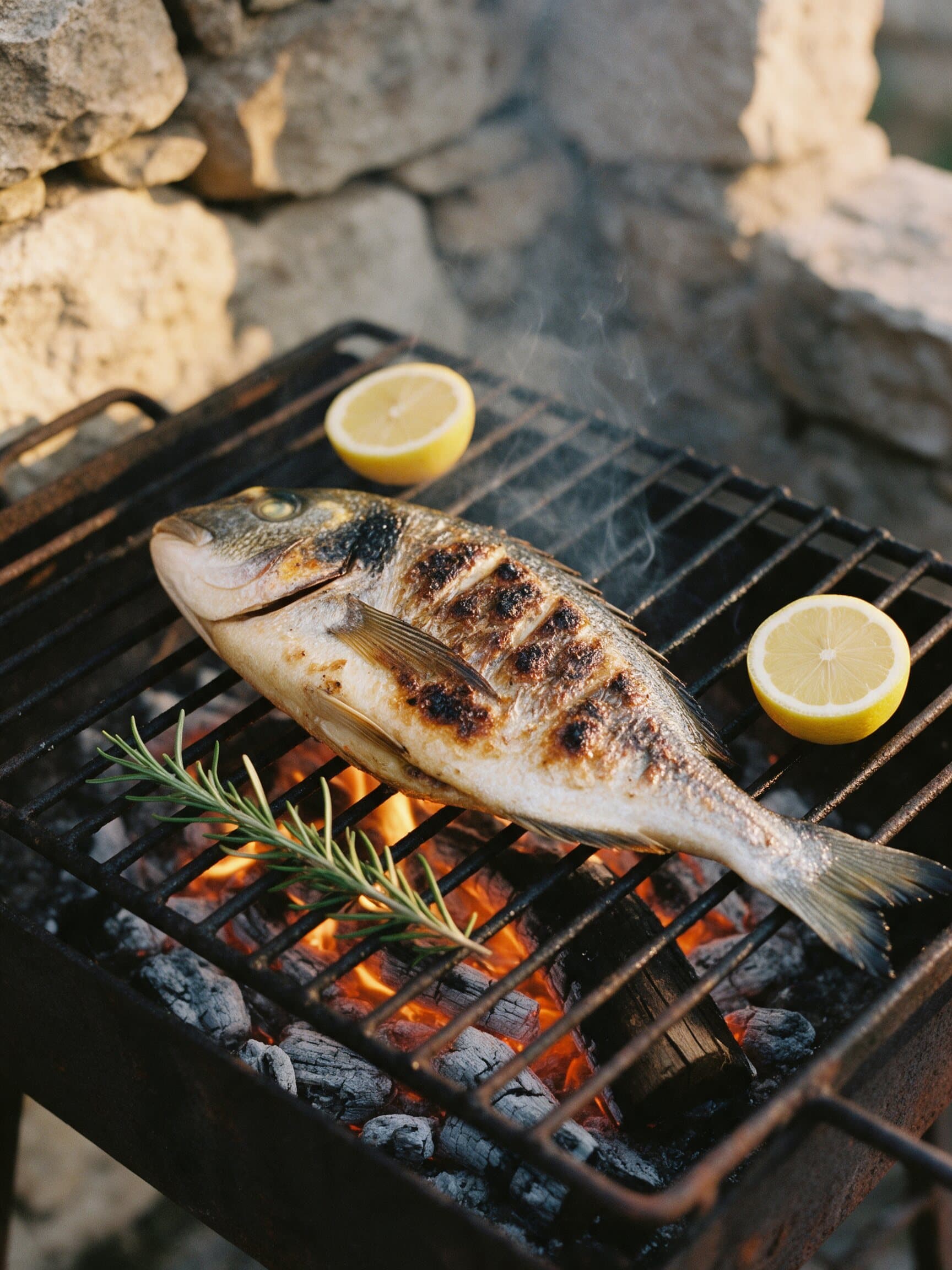 Whole gilt-head bream grilling over olive wood embers with lemon and rosemary