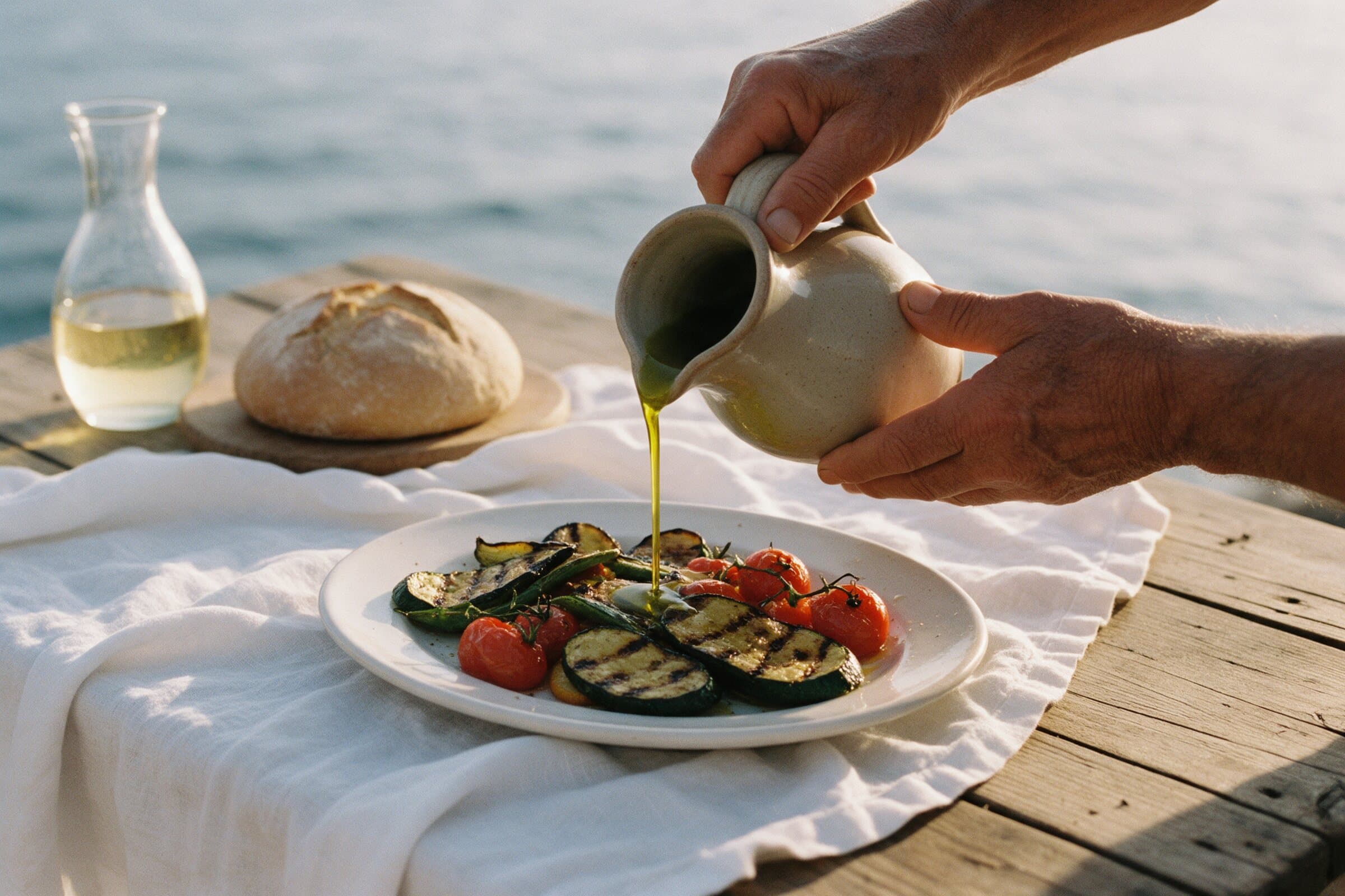Olive oil poured from a ceramic jug over grilled vegetables, sea in the background