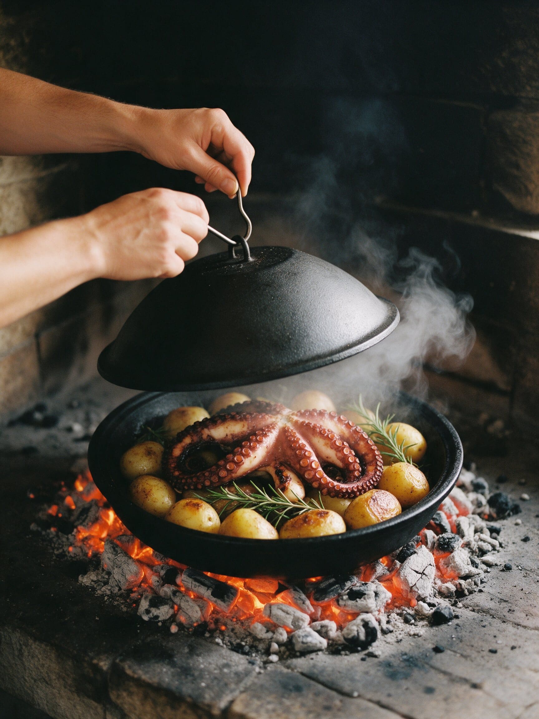 The peka lid lifted to reveal octopus and potatoes roasted under embers