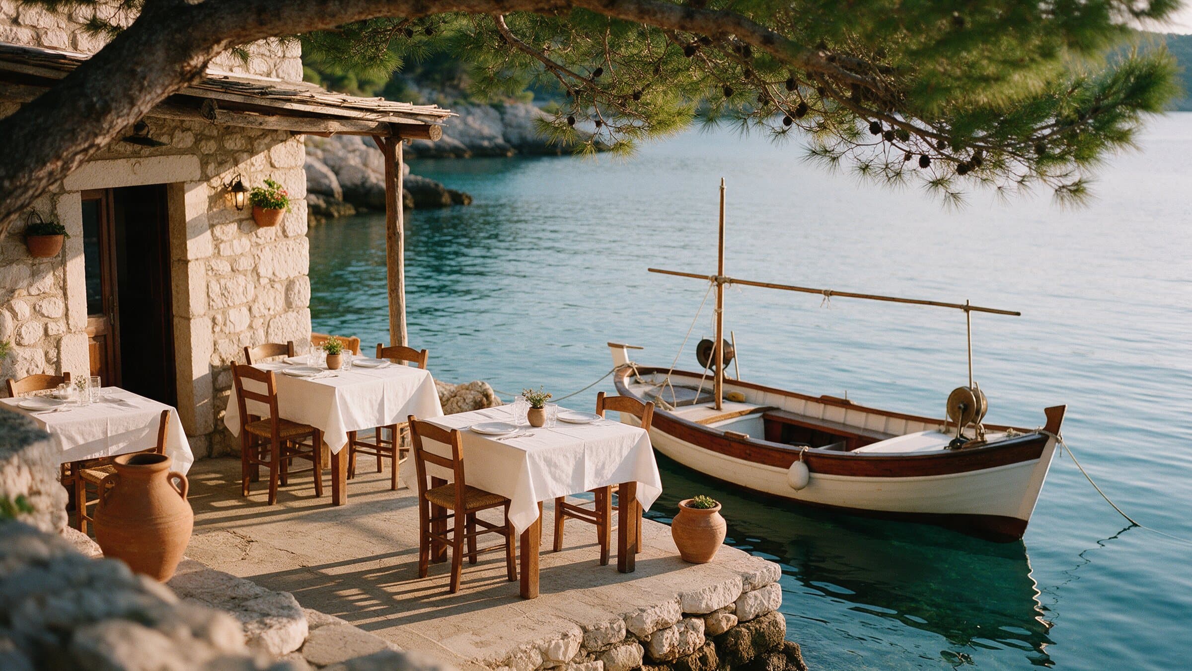 Konoba terrace with set tables a step above the turquoise sea, a wooden fishing boat moored alongside